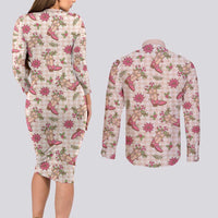 Beige Paniolo Palaka Hawaiian Cowgirl Christmas Couples Matching Long Sleeve Bodycon Dress and Long Sleeve Button Shirt LT9 - Polynesian Pride