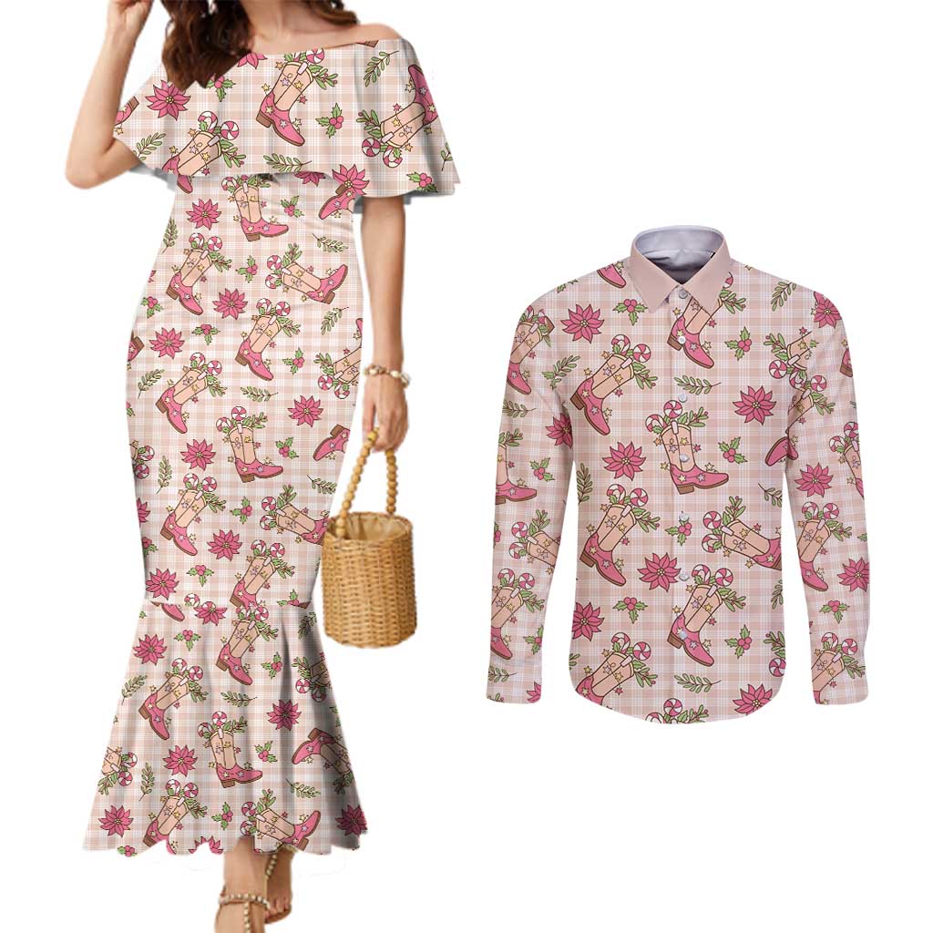 Beige Paniolo Palaka Hawaiian Cowgirl Christmas Couples Matching Mermaid Dress and Long Sleeve Button Shirt LT9 Beige - Polynesian Pride