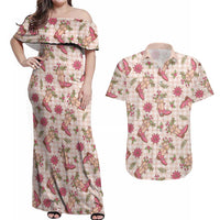 Beige Paniolo Palaka Hawaiian Cowgirl Christmas Couples Matching Off Shoulder Maxi Dress and Hawaiian Shirt LT9 Beige - Polynesian Pride