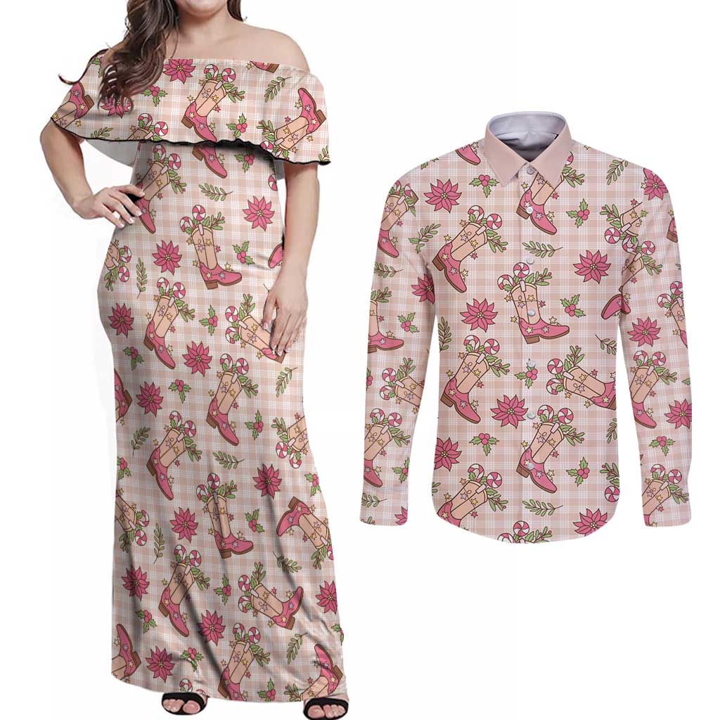 Beige Paniolo Palaka Hawaiian Cowgirl Christmas Couples Matching Off Shoulder Maxi Dress and Long Sleeve Button Shirt LT9 Beige - Polynesian Pride