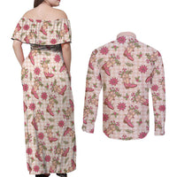 Beige Paniolo Palaka Hawaiian Cowgirl Christmas Couples Matching Off Shoulder Maxi Dress and Long Sleeve Button Shirt LT9 - Polynesian Pride