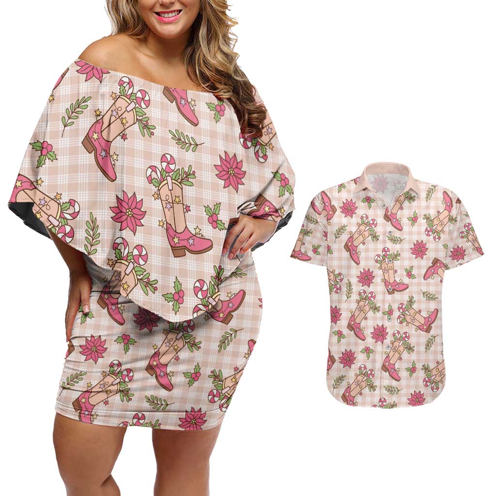 Beige Paniolo Palaka Hawaiian Cowgirl Christmas Couples Matching Off Shoulder Short Dress and Hawaiian Shirt LT9 Beige - Polynesian Pride