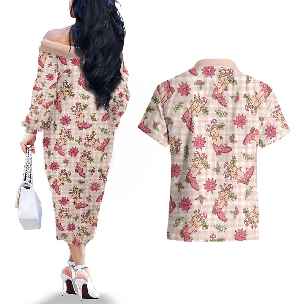 Beige Paniolo Palaka Hawaiian Cowgirl Christmas Couples Matching Off The Shoulder Long Sleeve Dress and Hawaiian Shirt LT9 - Polynesian Pride