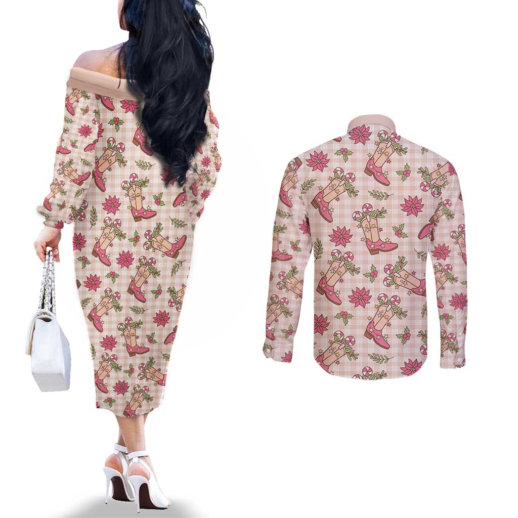 Beige Paniolo Palaka Hawaiian Cowgirl Christmas Couples Matching Off The Shoulder Long Sleeve Dress and Long Sleeve Button Shirt LT9 - Polynesian Pride
