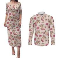 Beige Paniolo Palaka Hawaiian Cowgirl Christmas Couples Matching Puletasi and Long Sleeve Button Shirt - Polynesian Pride