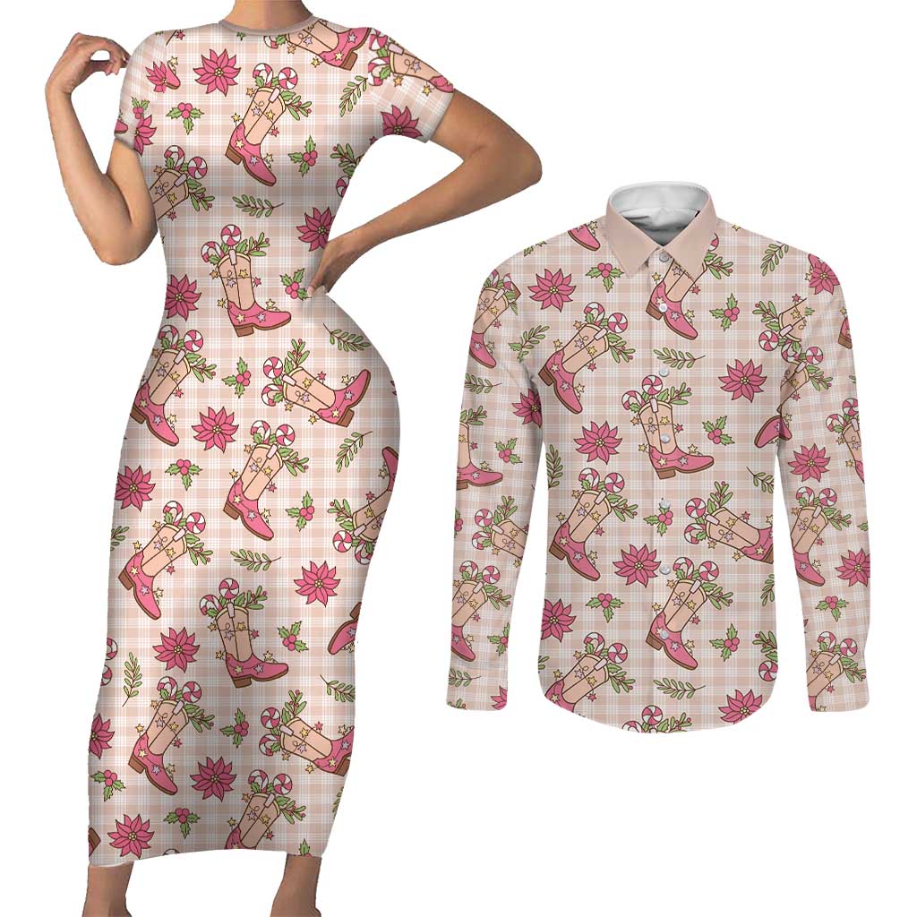 Beige Paniolo Palaka Hawaiian Cowgirl Christmas Couples Matching Short Sleeve Bodycon Dress and Long Sleeve Button Shirt - Polynesian Pride