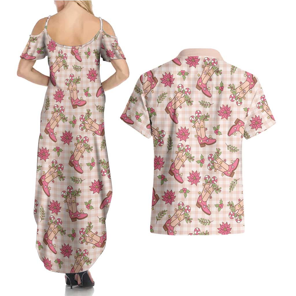 Beige Paniolo Palaka Hawaiian Cowgirl Christmas Couples Matching Summer Maxi Dress and Hawaiian Shirt LT9 - Polynesian Pride