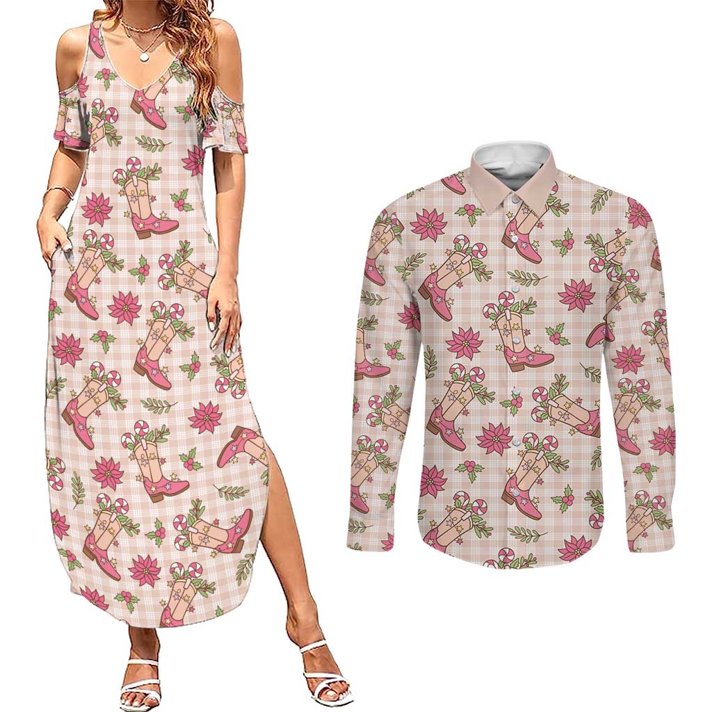 Beige Paniolo Palaka Hawaiian Cowgirl Christmas Couples Matching Summer Maxi Dress and Long Sleeve Button Shirt LT9 Beige - Polynesian Pride