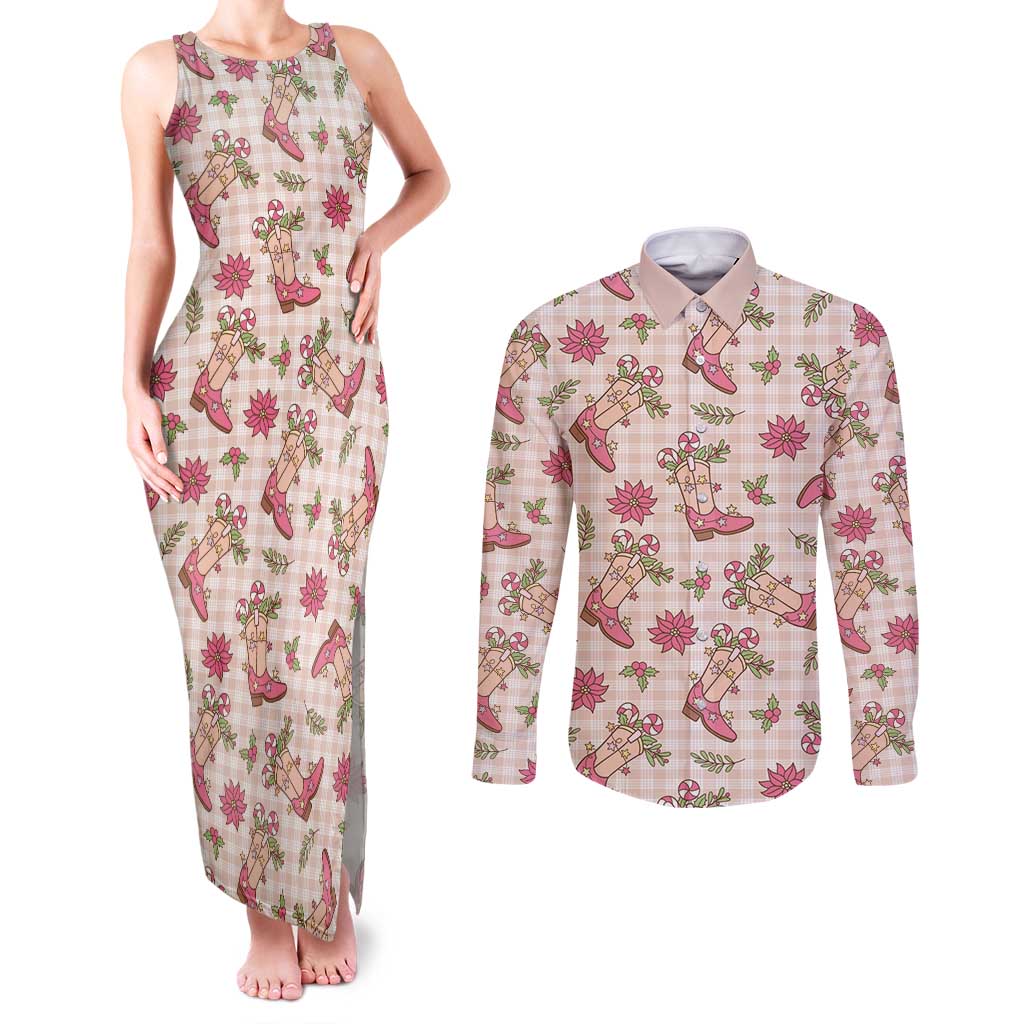 Beige Paniolo Palaka Hawaiian Cowgirl Christmas Couples Matching Tank Maxi Dress and Long Sleeve Button Shirt LT9 Beige - Polynesian Pride