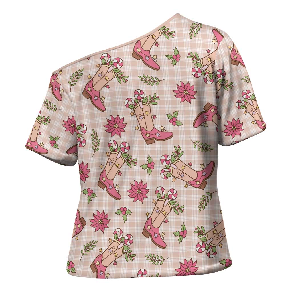Beige Paniolo Palaka Hawaiian Cowgirl Christmas Cross Shoulder Shirt - Polynesian Pride
