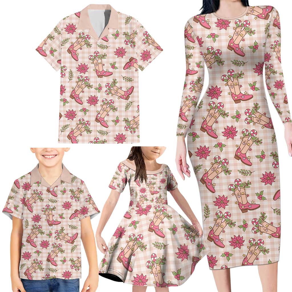 Beige Paniolo Palaka Hawaiian Cowgirl Christmas Family Matching Long Sleeve Bodycon Dress and Hawaiian Shirt LT9 - Polynesian Pride