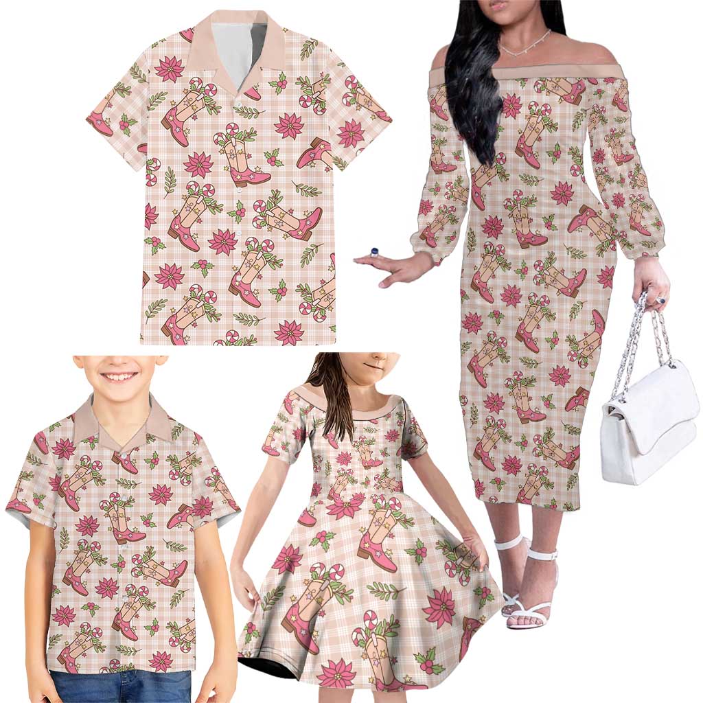 Beige Paniolo Palaka Hawaiian Cowgirl Christmas Family Matching Off The Shoulder Long Sleeve Dress and Hawaiian Shirt - Polynesian Pride