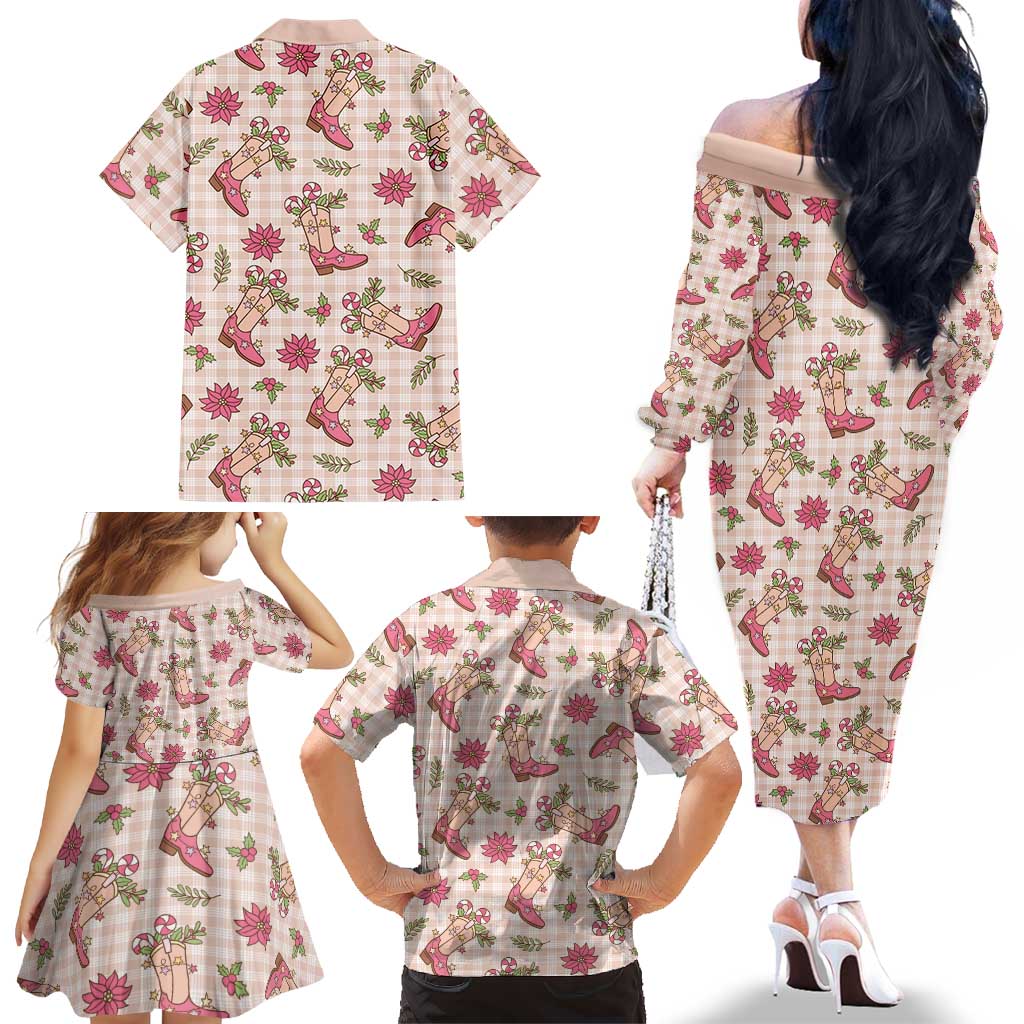Beige Paniolo Palaka Hawaiian Cowgirl Christmas Family Matching Off The Shoulder Long Sleeve Dress and Hawaiian Shirt LT9 - Polynesian Pride