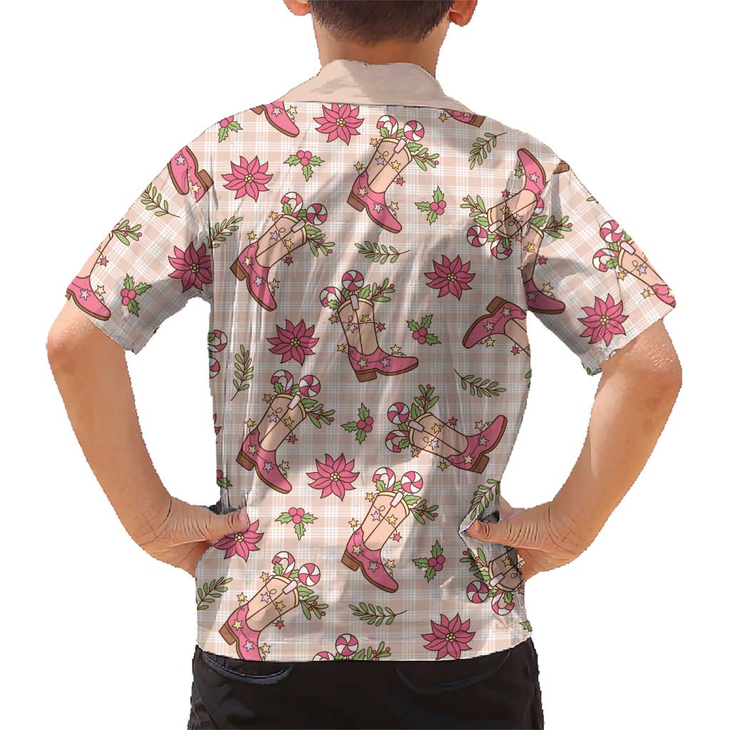 Beige Paniolo Palaka Hawaiian Cowgirl Christmas Family Matching Off Shoulder Short Dress and Hawaiian Shirt LT9 - Polynesian Pride
