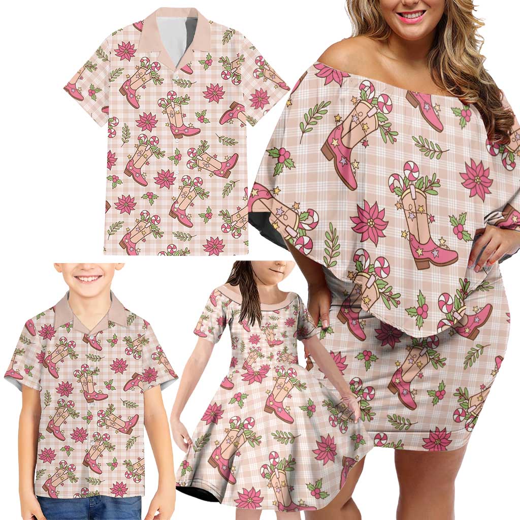Beige Paniolo Palaka Hawaiian Cowgirl Christmas Family Matching Off Shoulder Short Dress and Hawaiian Shirt LT9 - Polynesian Pride