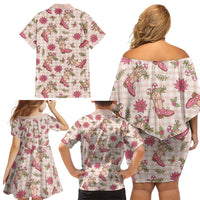 Beige Paniolo Palaka Hawaiian Cowgirl Christmas Family Matching Off Shoulder Short Dress and Hawaiian Shirt LT9 - Polynesian Pride