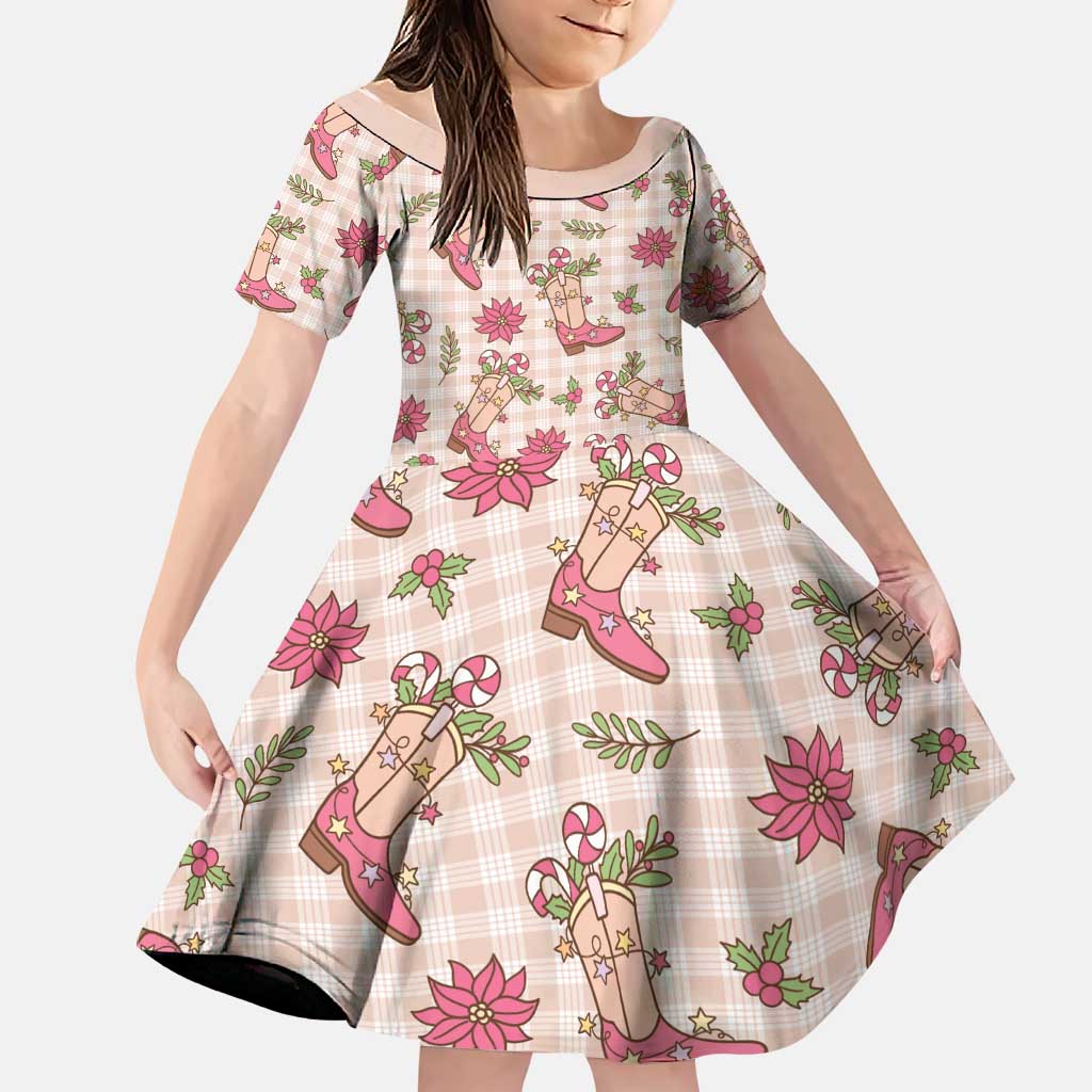Beige Paniolo Palaka Hawaiian Cowgirl Christmas Family Matching Puletasi and Hawaiian Shirt LT9 Daughter's Dress Beige - Polynesian Pride