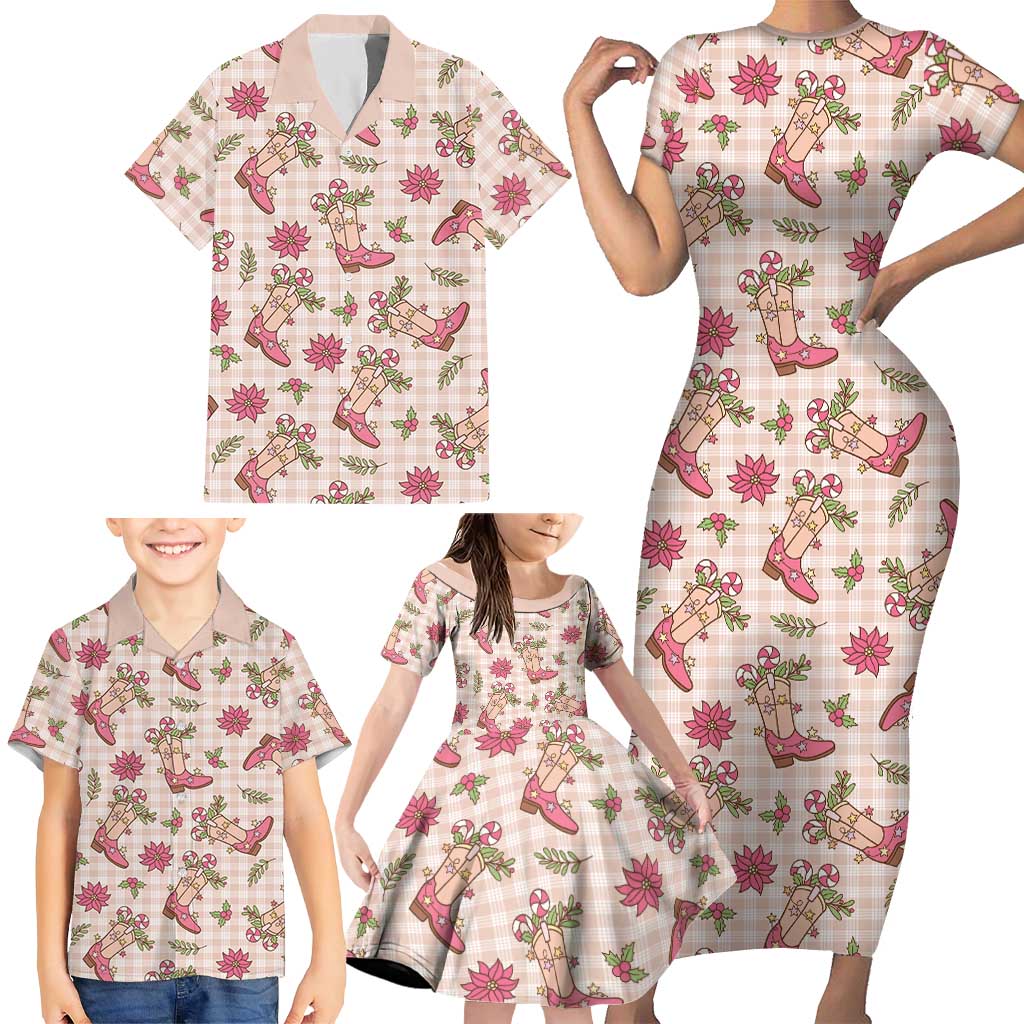 Beige Paniolo Palaka Hawaiian Cowgirl Christmas Family Matching Short Sleeve Bodycon Dress and Hawaiian Shirt LT9 - Polynesian Pride