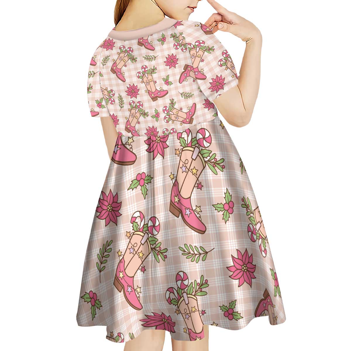 Beige Paniolo Palaka Hawaiian Cowgirl Christmas Kid Short Sleeve Dress - Polynesian Pride