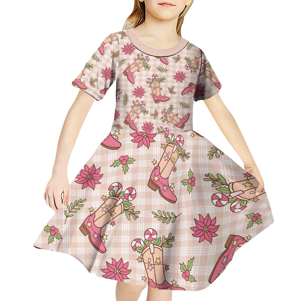 Beige Paniolo Palaka Hawaiian Cowgirl Christmas Kid Short Sleeve Dress - Polynesian Pride