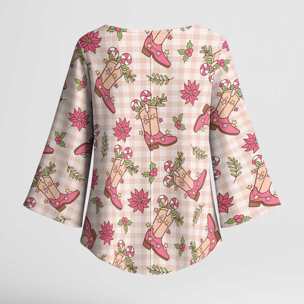 Beige Paniolo Palaka Hawaiian Cowgirl Christmas Kimono Sleeve Blouse - Polynesian Pride
