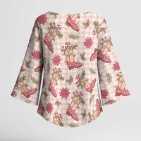 Beige Paniolo Palaka Hawaiian Cowgirl Christmas Kimono Sleeve Blouse - Polynesian Pride