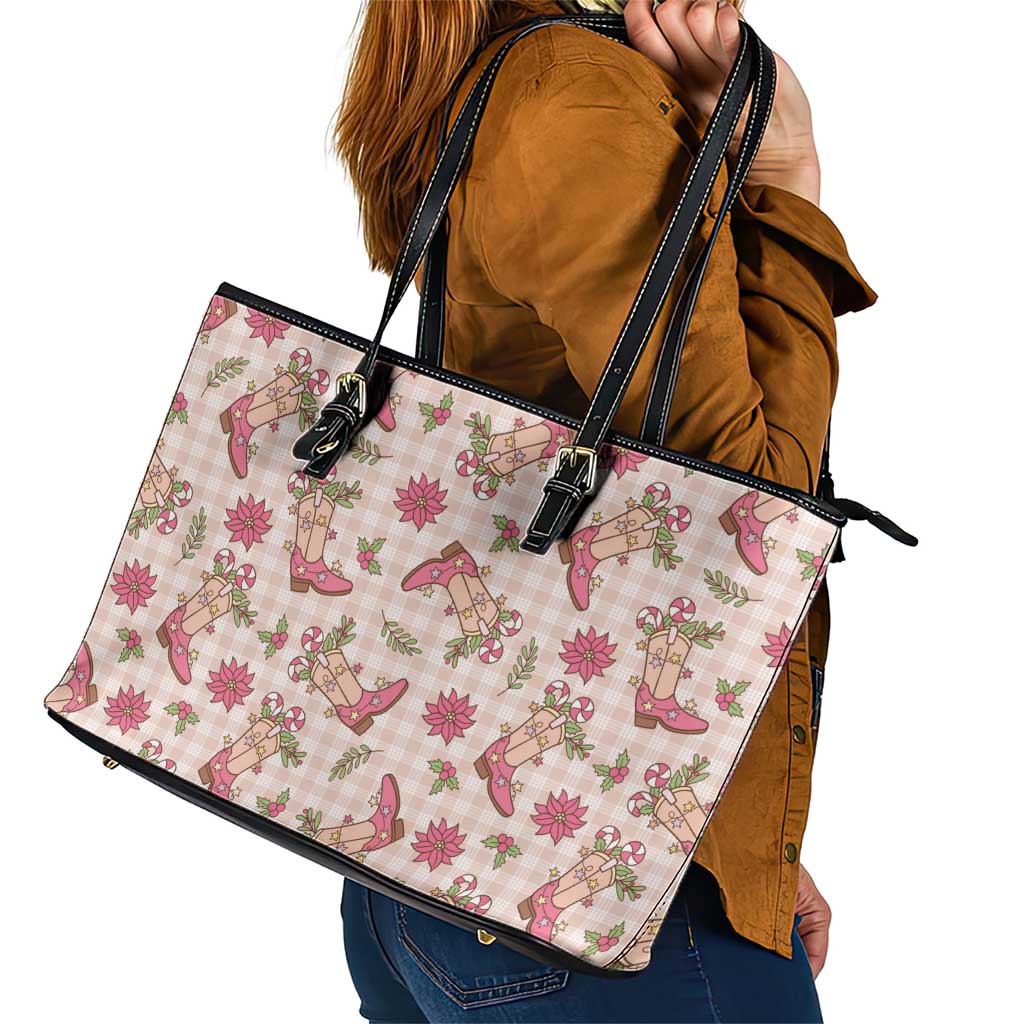 Beige Paniolo Palaka Hawaiian Cowgirl Christmas Leather Tote Bag - Polynesian Pride
