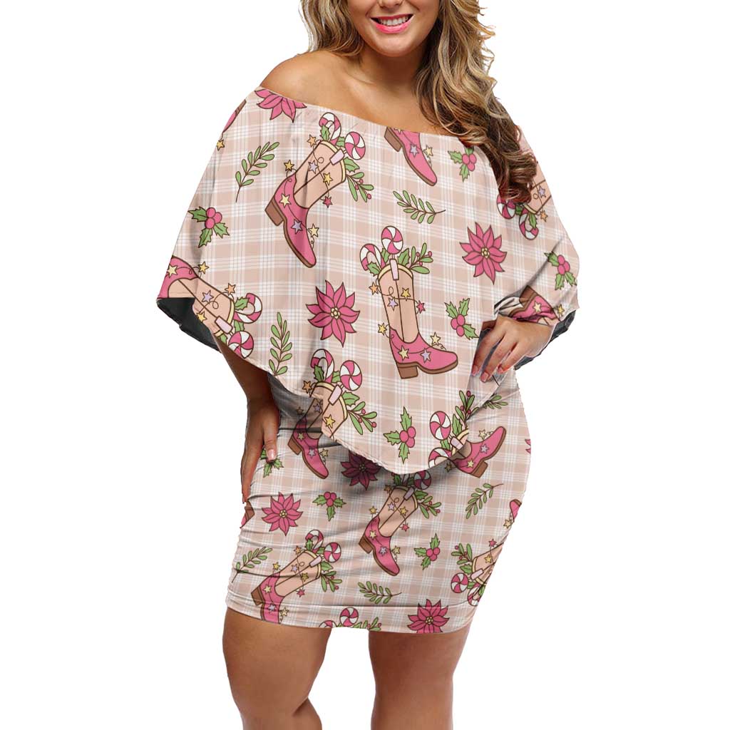 Beige Paniolo Palaka Hawaiian Cowgirl Christmas Off Shoulder Short Dress - Polynesian Pride