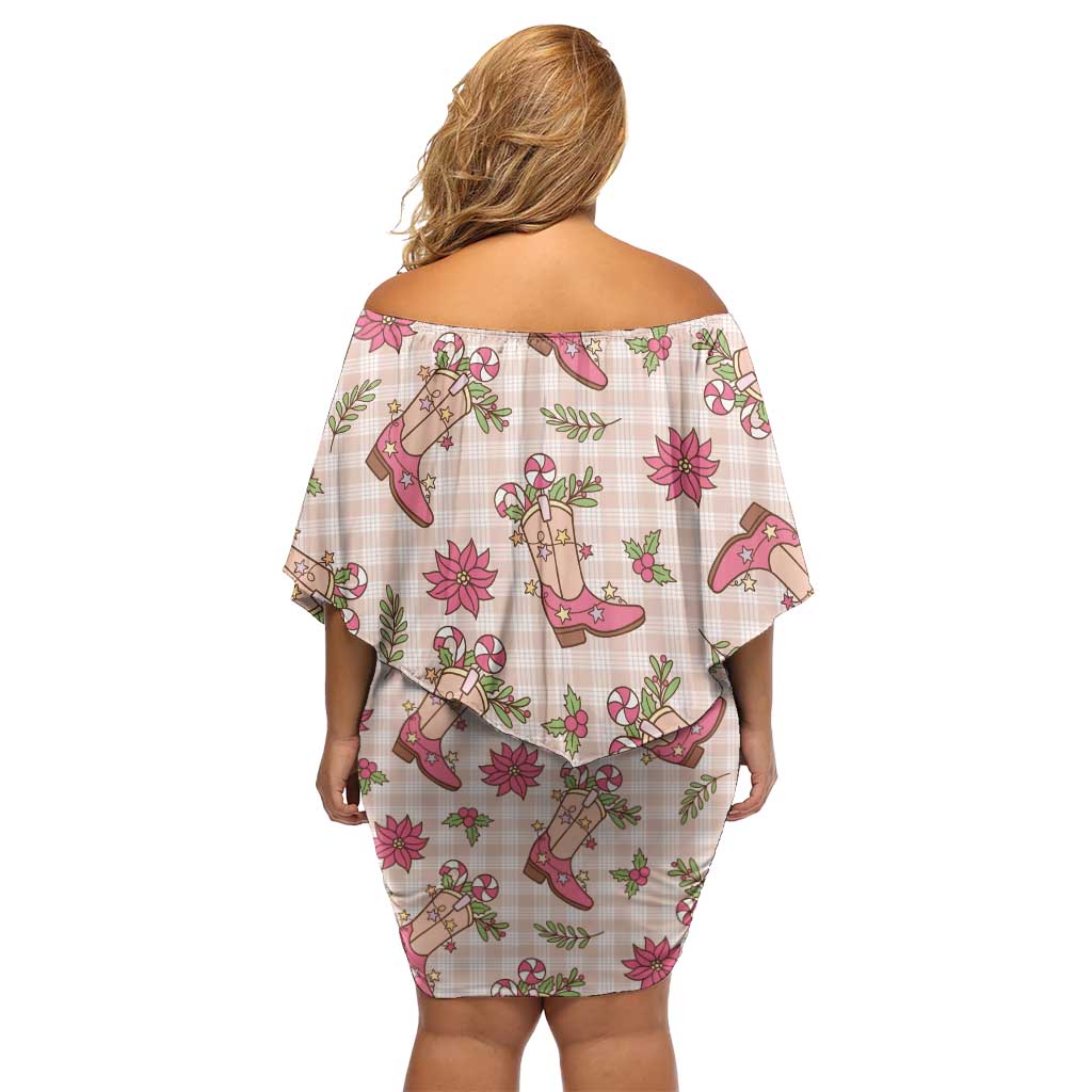 Beige Paniolo Palaka Hawaiian Cowgirl Christmas Off Shoulder Short Dress - Polynesian Pride