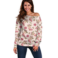Beige Paniolo Palaka Hawaiian Cowgirl Christmas Off Shoulder Sweater - Polynesian Pride
