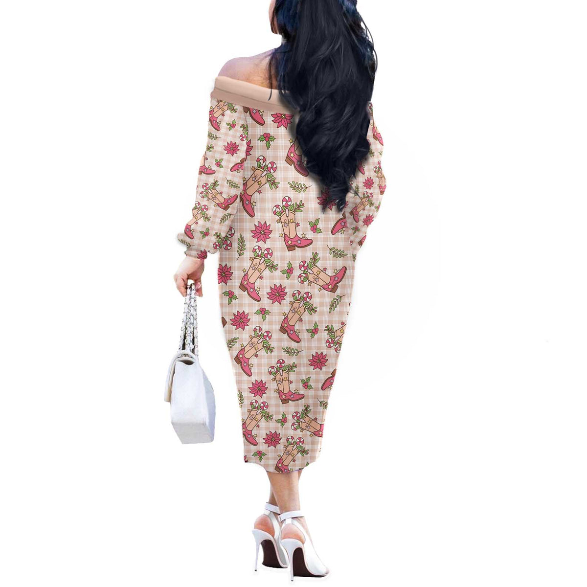 Beige Paniolo Palaka Hawaiian Cowgirl Christmas Off The Shoulder Long Sleeve Dress - Polynesian Pride