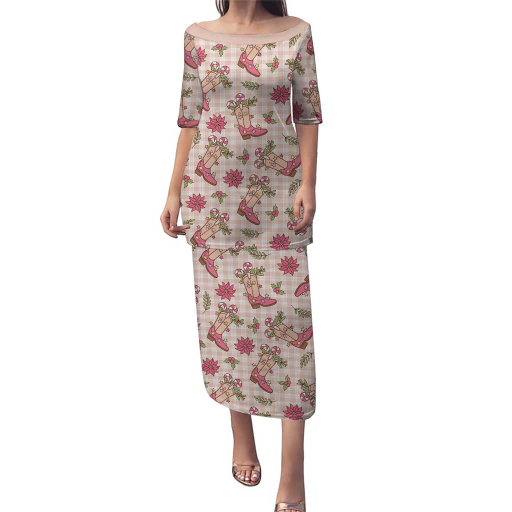 Beige Paniolo Palaka Hawaiian Cowgirl Christmas Puletasi - Polynesian Pride