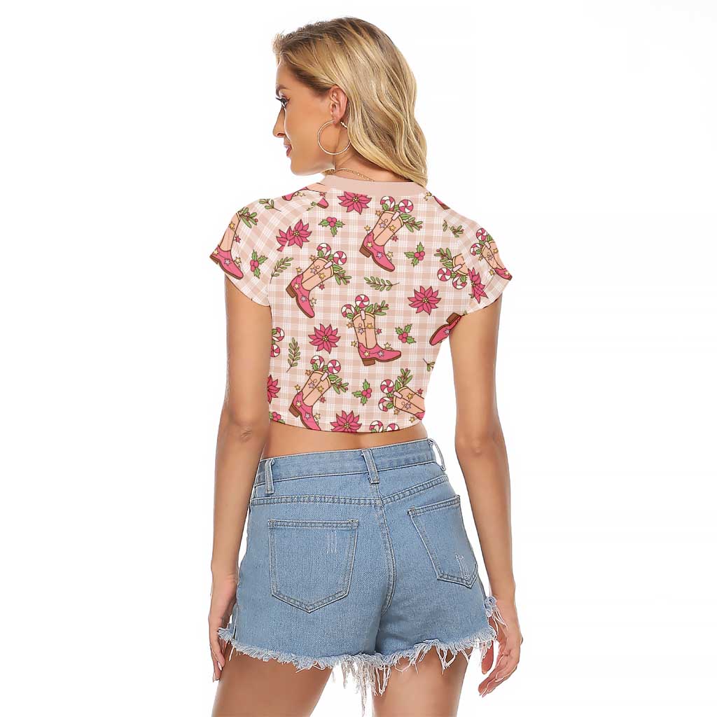 Beige Paniolo Palaka Hawaiian Cowgirl Christmas Raglan Cropped T Shirt - Polynesian Pride