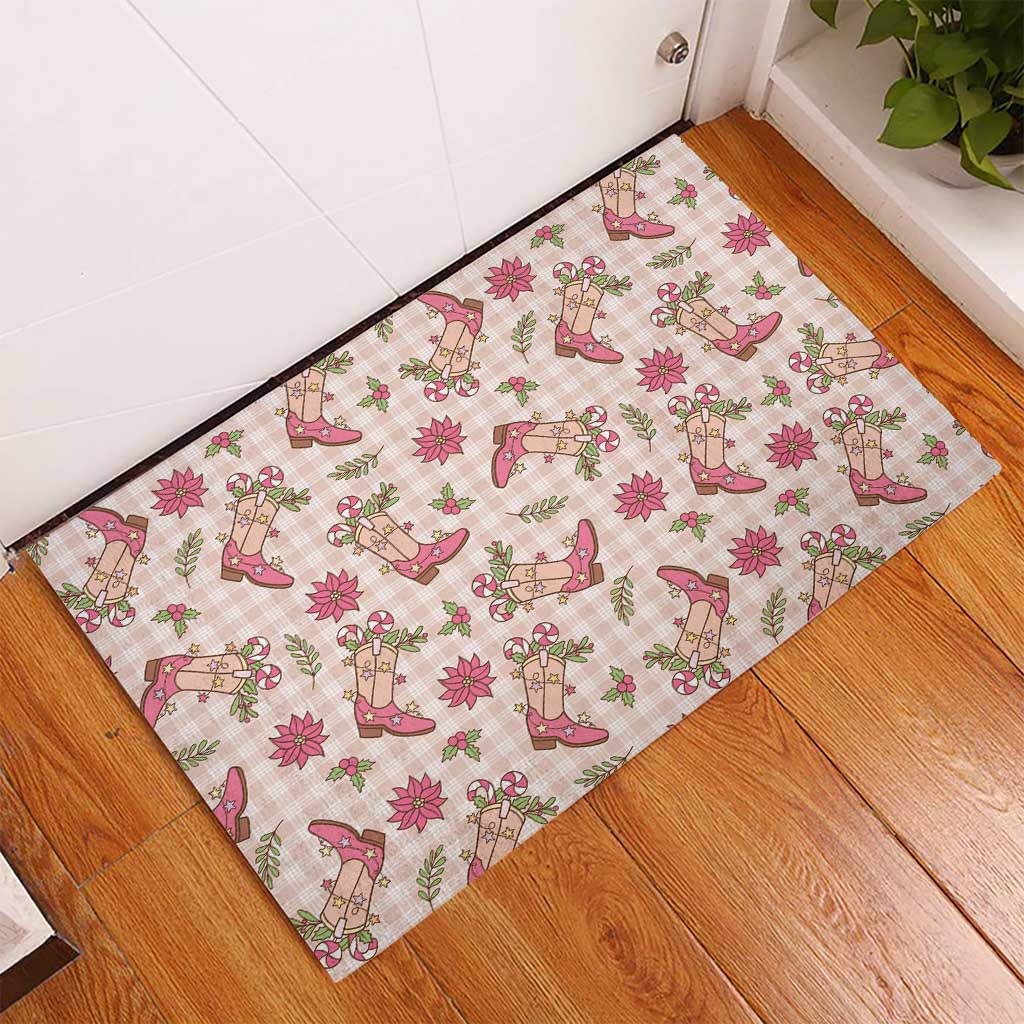 Beige Paniolo Palaka Hawaiian Cowgirl Christmas Rubber Doormat - Polynesian Pride