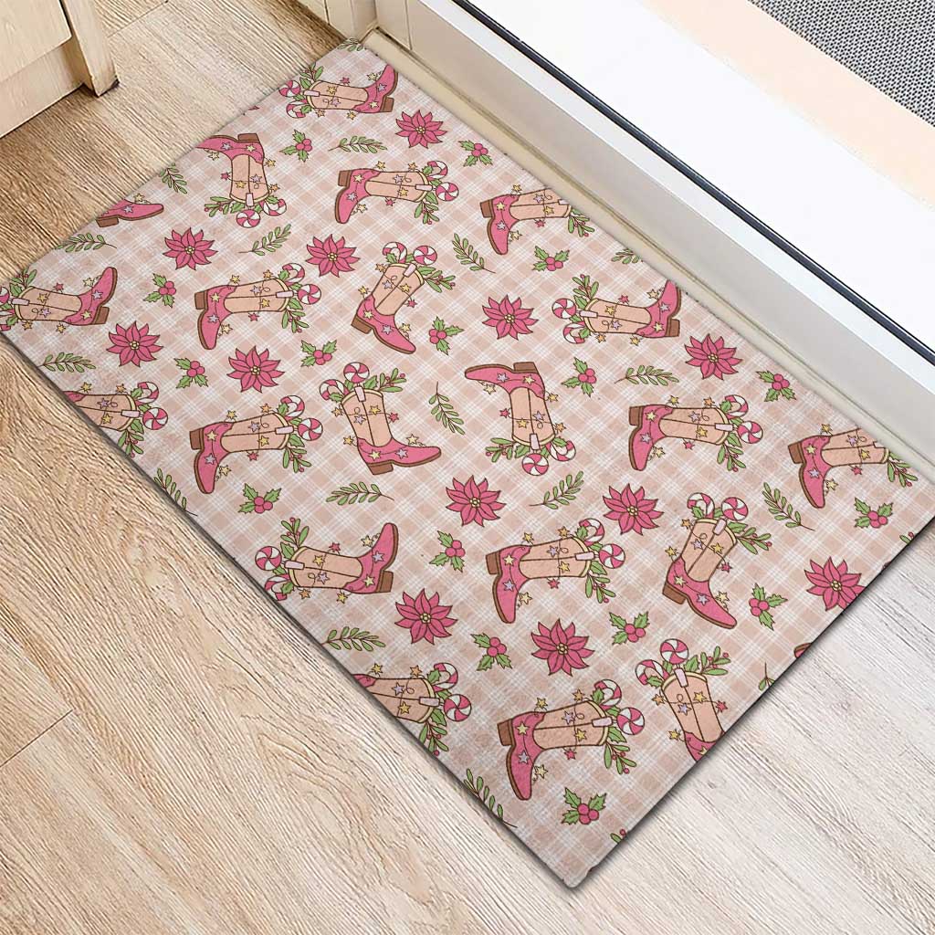Beige Paniolo Palaka Hawaiian Cowgirl Christmas Rubber Doormat - Polynesian Pride