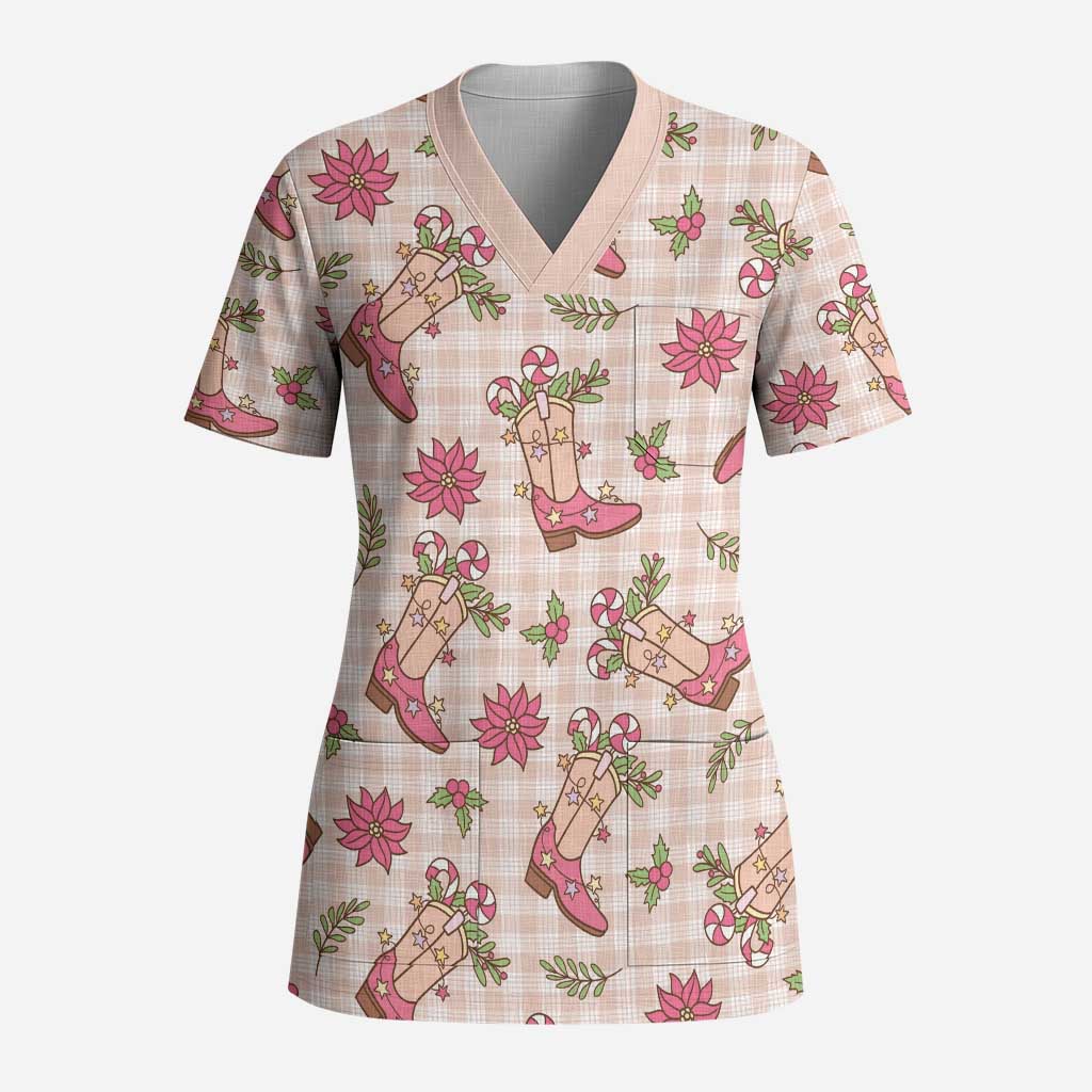Beige Paniolo Palaka Hawaiian Cowgirl Christmas Scrub Top LT9 Adult Beige - Polynesian Pride