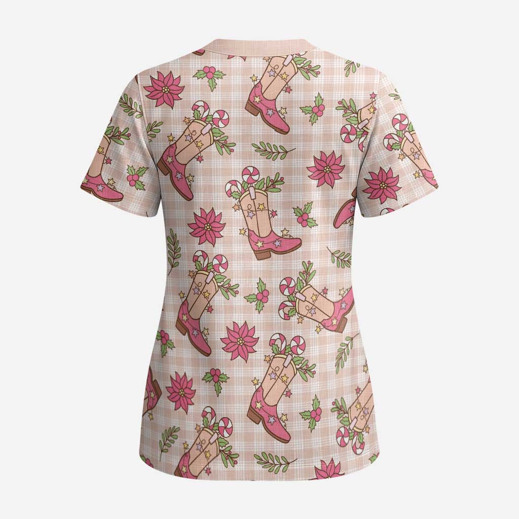 Beige Paniolo Palaka Hawaiian Cowgirl Christmas Scrub Top LT9 - Polynesian Pride