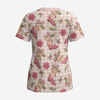 Beige Paniolo Palaka Hawaiian Cowgirl Christmas Scrub Top LT9 - Polynesian Pride