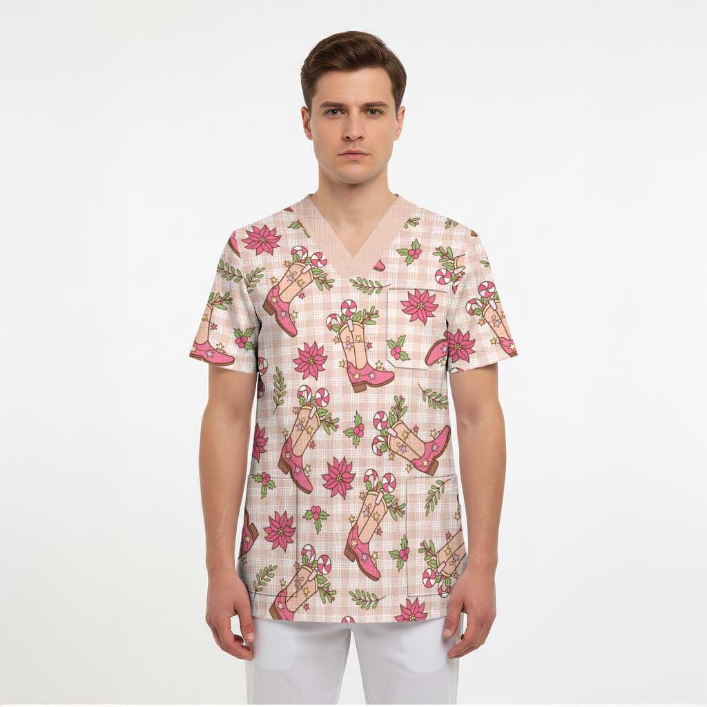 Beige Paniolo Palaka Hawaiian Cowgirl Christmas Scrub Top LT9 - Polynesian Pride