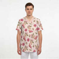 Beige Paniolo Palaka Hawaiian Cowgirl Christmas Scrub Top LT9 - Polynesian Pride