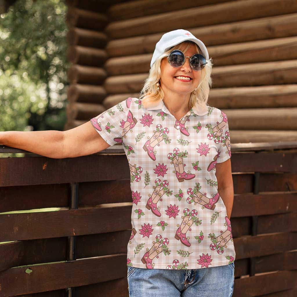 Beige Paniolo Palaka Hawaiian Cowgirl Christmas Women Polo Shirt - Polynesian Pride