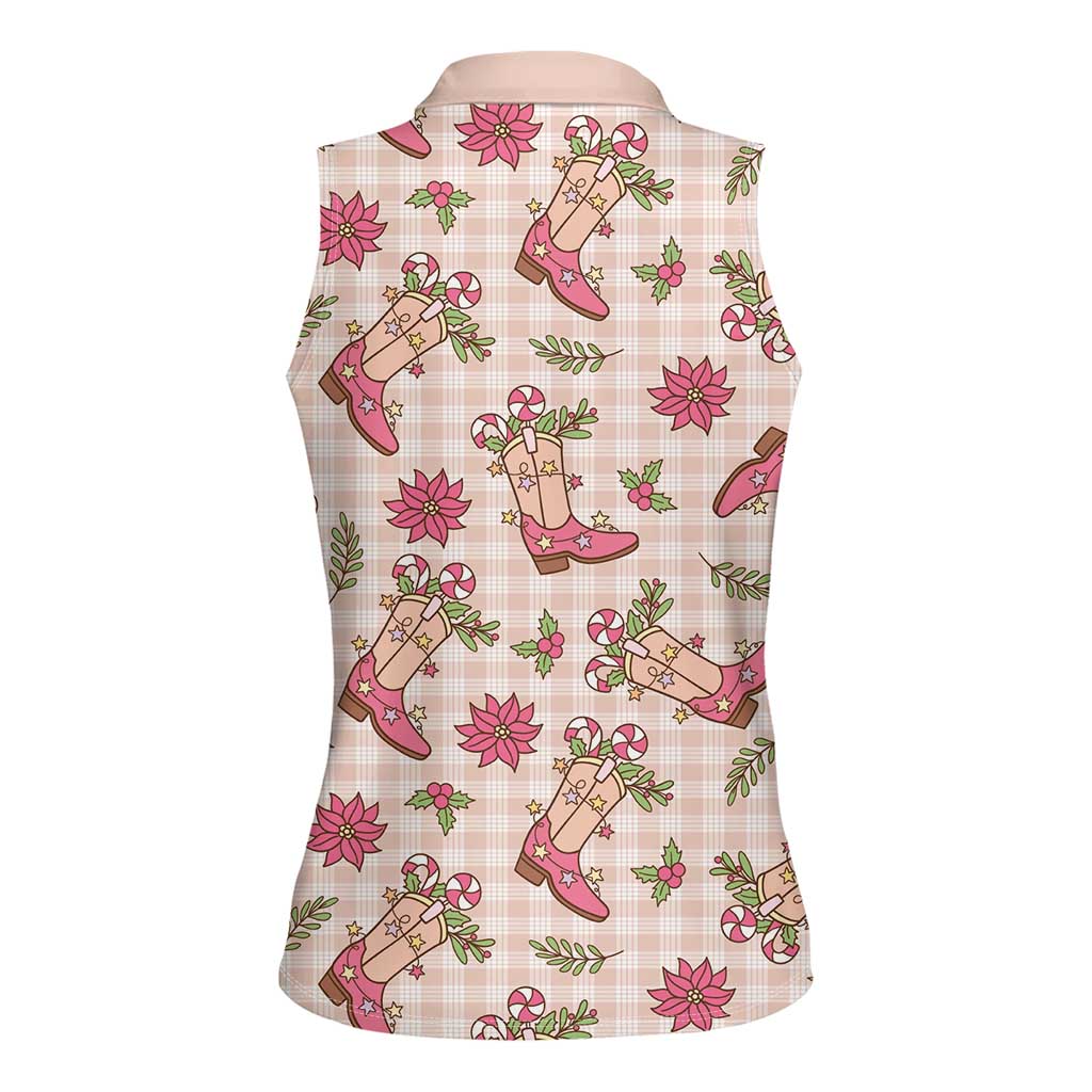 Beige Paniolo Palaka Hawaiian Cowgirl Christmas Women Sleeveless Polo Shirt LT9 - Polynesian Pride