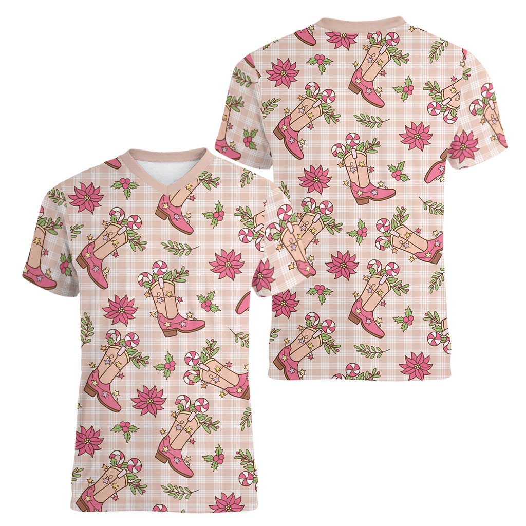 Beige Paniolo Palaka Hawaiian Cowgirl Christmas Women V-Neck T-Shirt LT9 - Polynesian Pride