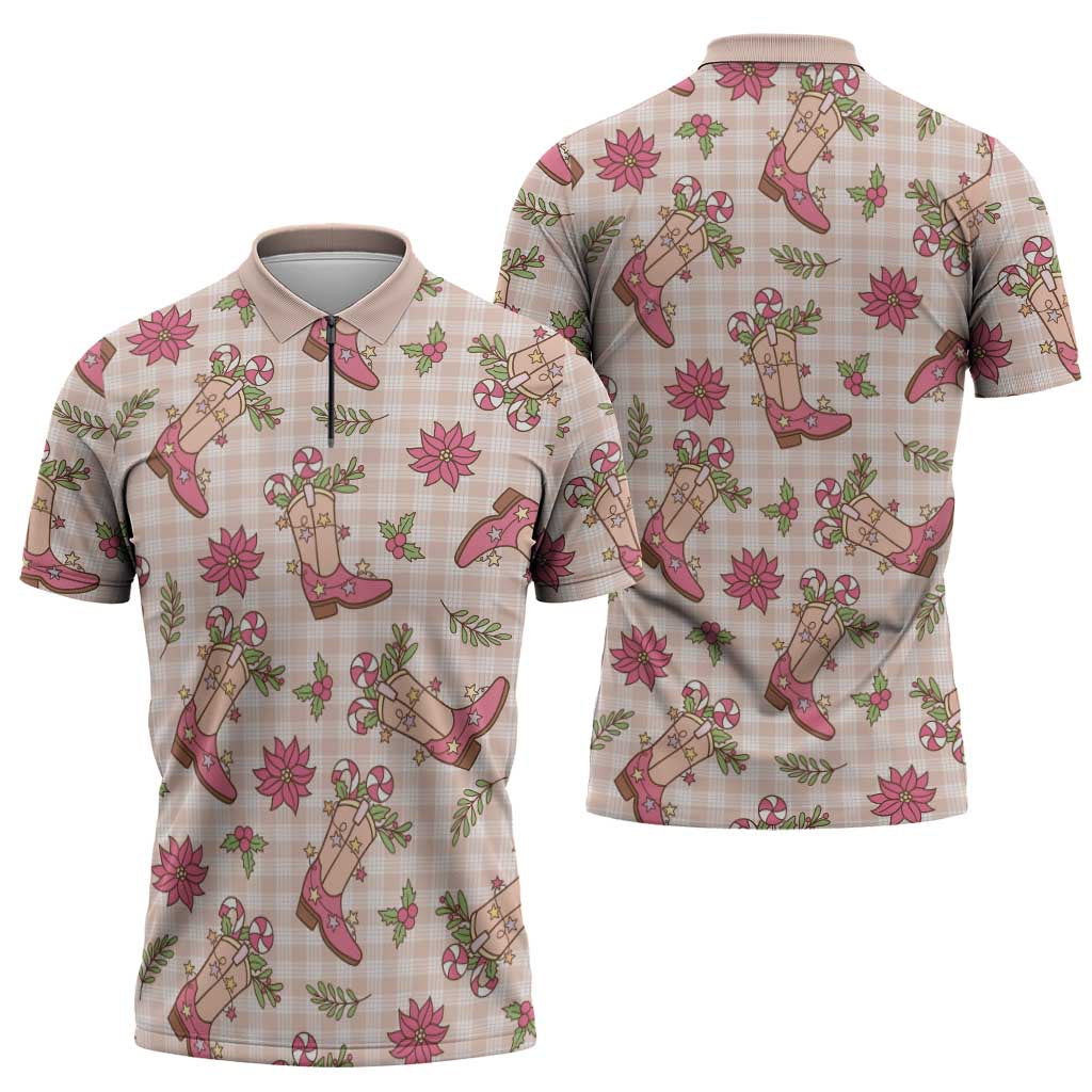 Beige Paniolo Palaka Hawaiian Cowgirl Christmas Zipper Polo Shirt - Polynesian Pride