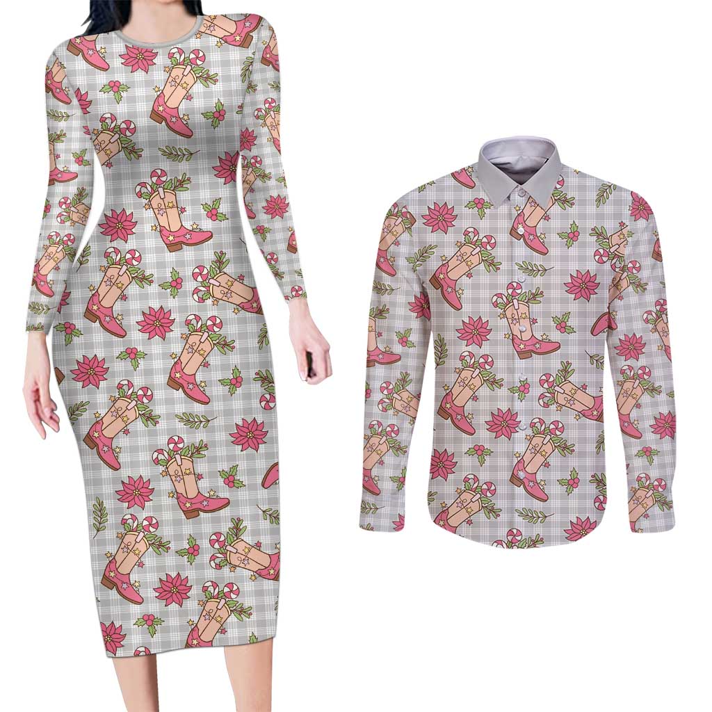 Gray Paniolo Palaka Hawaiian Cowgirl Christmas Couples Matching Long Sleeve Bodycon Dress and Long Sleeve Button Shirt LT9 Gray - Polynesian Pride