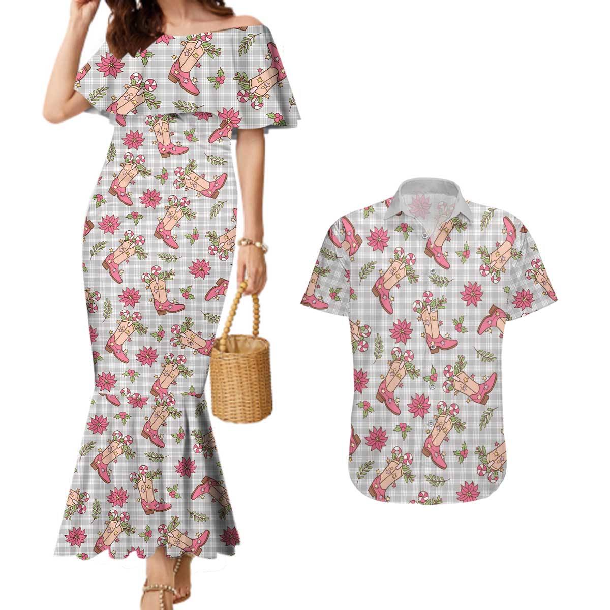 Gray Paniolo Palaka Hawaiian Cowgirl Christmas Couples Matching Mermaid Dress and Hawaiian Shirt - Polynesian Pride