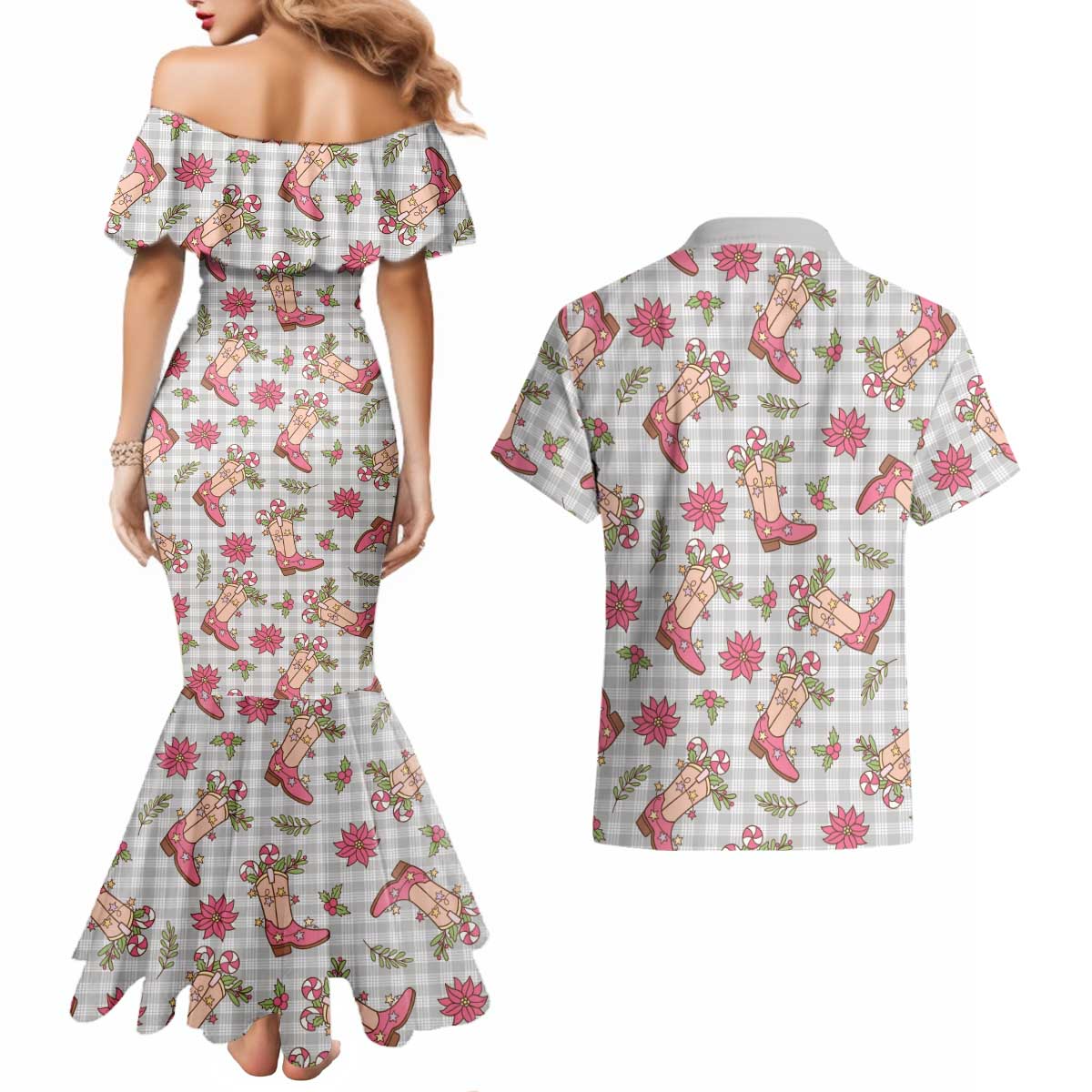 Gray Paniolo Palaka Hawaiian Cowgirl Christmas Couples Matching Mermaid Dress and Hawaiian Shirt LT9 - Polynesian Pride