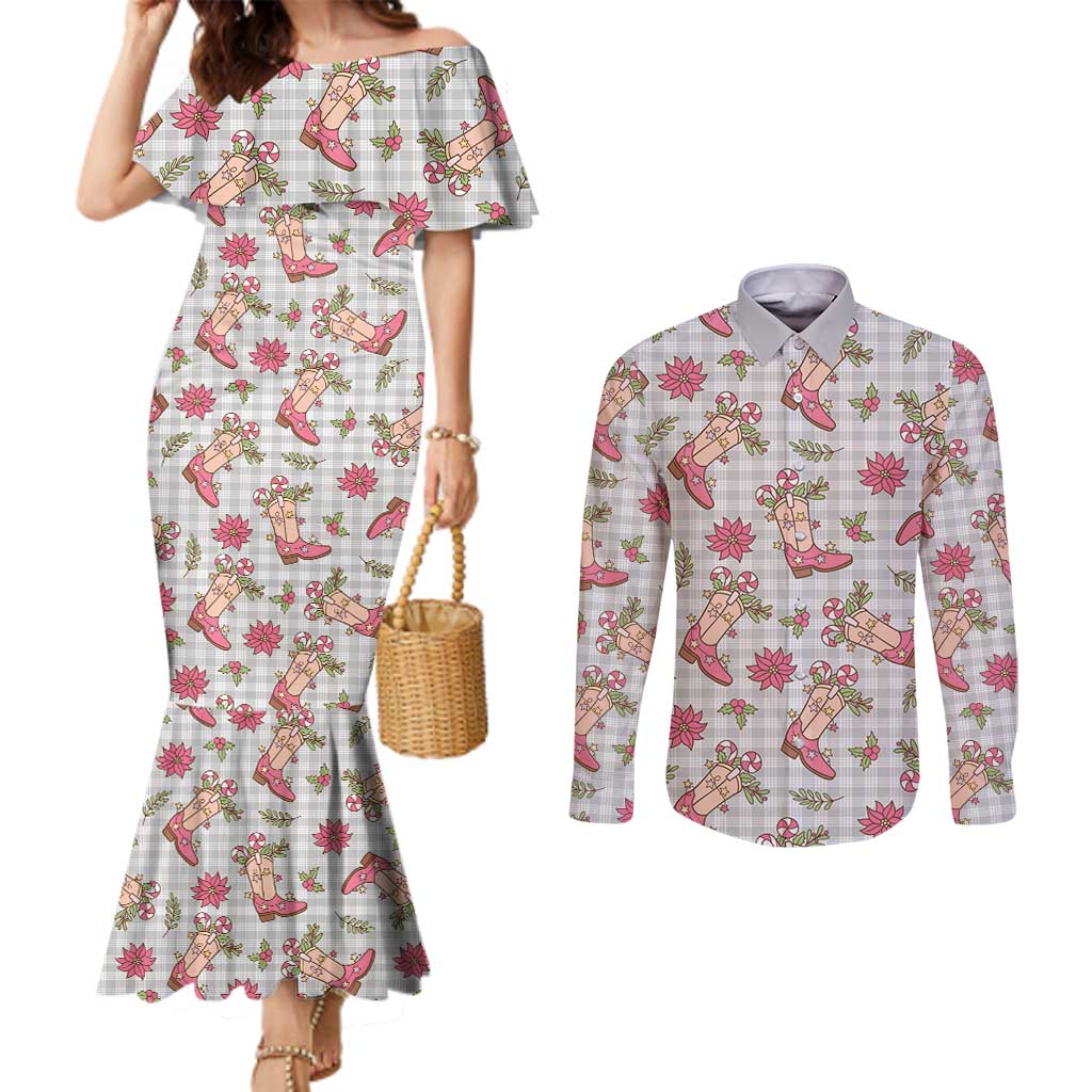 Gray Paniolo Palaka Hawaiian Cowgirl Christmas Couples Matching Mermaid Dress and Long Sleeve Button Shirt LT9 Gray - Polynesian Pride