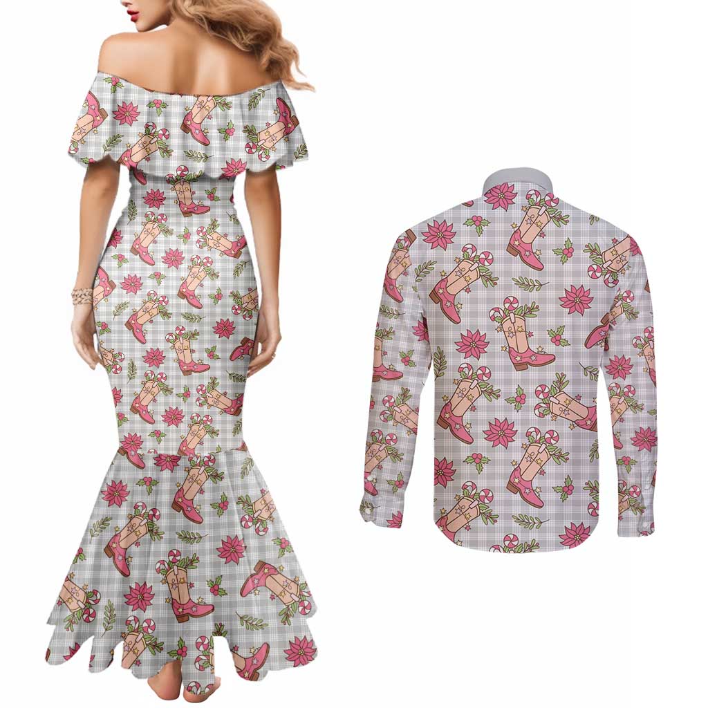Gray Paniolo Palaka Hawaiian Cowgirl Christmas Couples Matching Mermaid Dress and Long Sleeve Button Shirt LT9 - Polynesian Pride