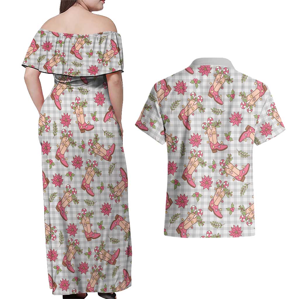 Gray Paniolo Palaka Hawaiian Cowgirl Christmas Couples Matching Off Shoulder Maxi Dress and Hawaiian Shirt LT9 - Polynesian Pride